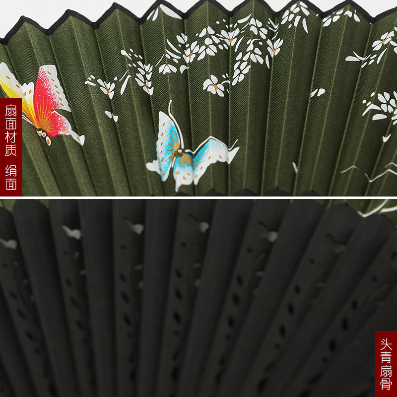 Ventilador plegable de estilo antiguo de seda Ventilador de seda de estilo chino Ventilador de seda de estilo japonés Borde de pintura de estilo japonés plegable pequeño ventilador de mujer al por mayor