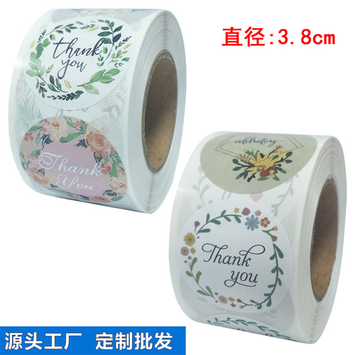 Bulk self-adhesive labels floral decorative thank you stickers roll packed with seal sticker thank you 3.8cm