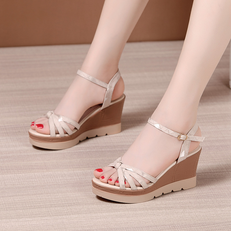 Sandal cao gót nêm nữ hở mũi đế dày chống thấm nước mùa hè 2025 — Màu đen, Màu xanh lá, Màu mơ