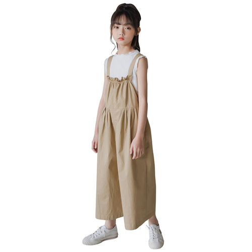 Girls overalls spring and summer Korean style children's clothing casual loose straight wide leg culottes medium and large children 8 points pants
