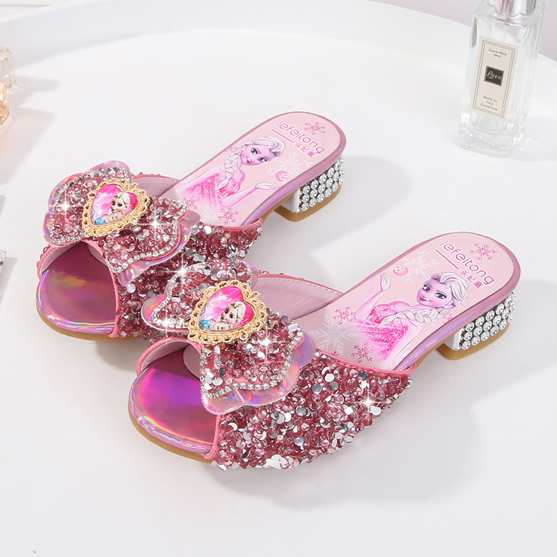 Children's Sandals, Summer Girls' Shoes, Indoor and Outdoor Non-Slip Soft-Soled Ice and Snow Elsa Princess High-Heeled Slippers, Casual