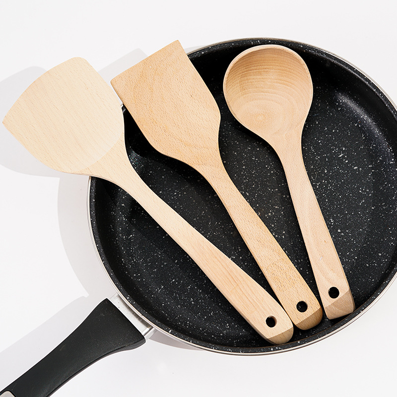 Paleta de madera de haya de madera maciza sin pintura, madera resistente a altas temperaturas, pala de madera de mango largo para el hogar, sartén antiadherente, pala de madera para cocinar al por mayor