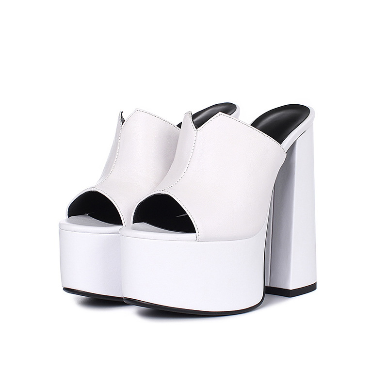 Sandal cao gót nữ hở mũi đế platform da bò mềm gót siêu cao — Màu đen