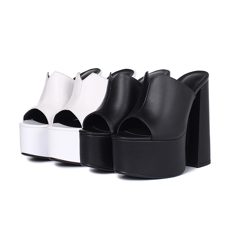 Sandal cao gót nữ hở mũi đế platform da bò mềm gót siêu cao — Màu đen