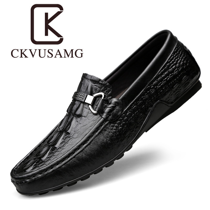 CKVUSAMG潮牌正品男士鳄鱼皮纹头层牛皮商务休闲豆豆鞋男冬季加绒