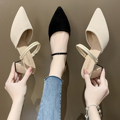 Pointed toe bag toe low heel medium heel thick heel sandals half slippers women summer 2020 new breathable fabric outer wear