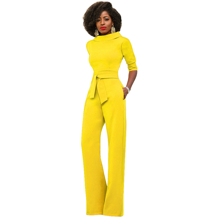 AliExpress Amazon otoño nueva moda ropa de mujer europea y americana de color sólido solapa de cinco cuartos de manga de cintura alta de pierna ancha mono image 9