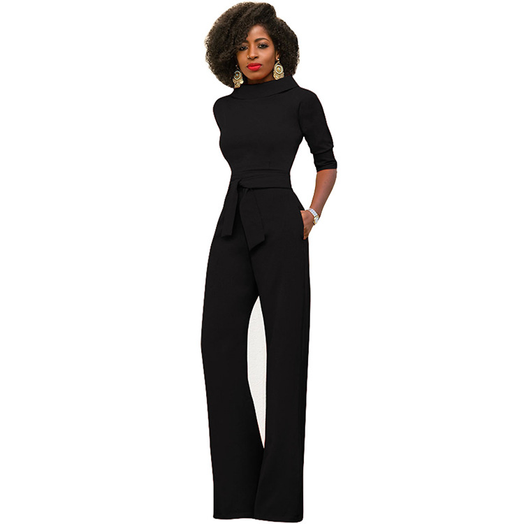 AliExpress Amazon otoño nueva moda ropa de mujer europea y americana de color sólido solapa de cinco cuartos de manga de cintura alta de pierna ancha mono image 11