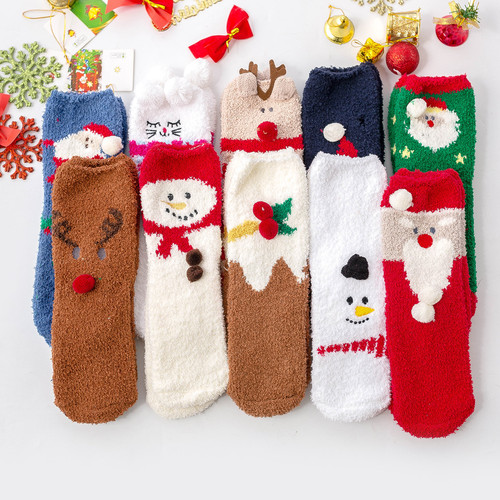 19th Japanese style Christmas socks embroidered three-dimensional home coral velvet cartoon socks boxed floor socks half velvet women's socks