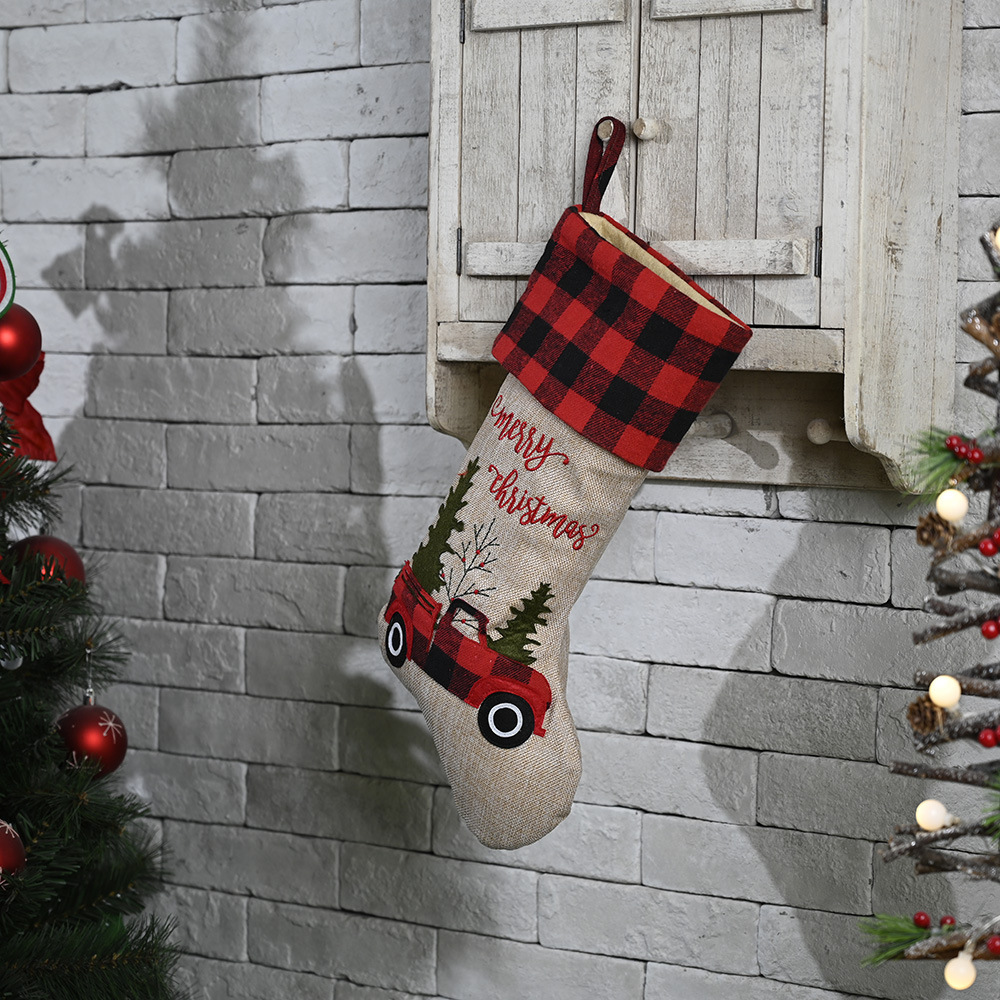 Christmas decorations red black plaid car Christmas tree Christmas stocking gift bag candy socks gift bag_voghion.com