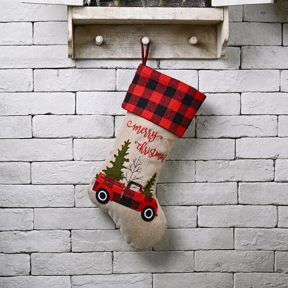 Christmas decorations red black plaid car Christmas tree Christmas stocking gift bag candy socks gift bag_voghion.com