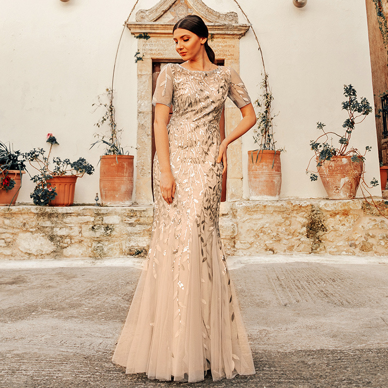 Europe and the United States cross-border large size bridesmaid toast evening dress beaded gauze fishtail slim-fit banquet performance host dress Europe and the United States cross-border large size bridesmaid toast evening dress beaded gauze fishtail slim-fit banquet performance host dress