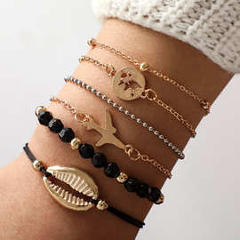 欧美跨境饰品金属贝壳海螺飞机圆球地图圆形圆片手镯手链六件套