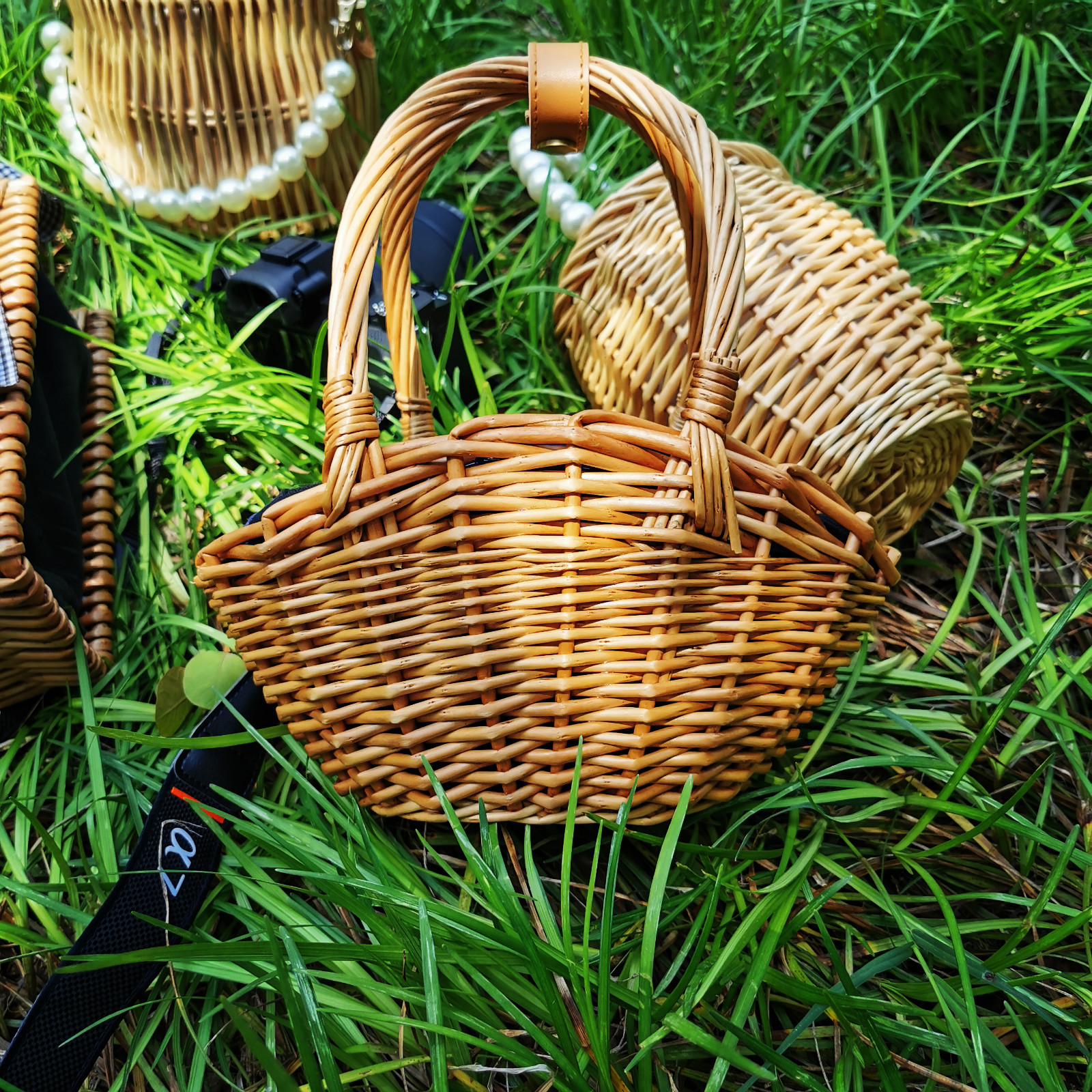 Storage Basket Bag, Rattan Handbag, Woven Shoulder Bag, Handmade Natural Rattan & Seagrass, Leather Trim, Eco-Friendly, Lightweight, Durable For Daily_voghion.com