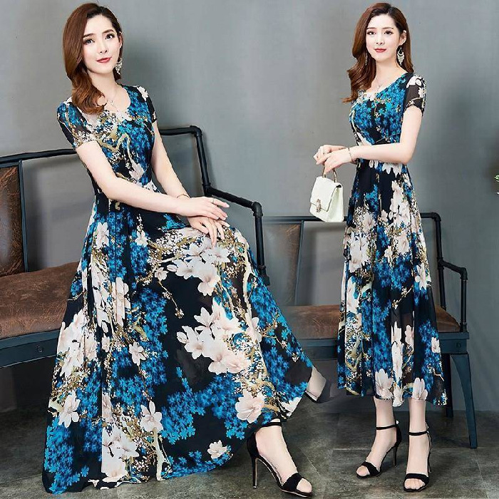Women's Short-sleeved Dress 2019 Summer New Korean-style Printed Round Neck Elegant Slimming Mid-length Dress for Women Women's Short-sleeved Dress 2019 Summer New Korean-style Printed Round Neck Elegant Slimming Mid-length Dress for Women