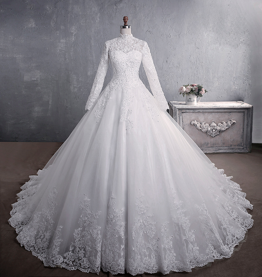 Vestido de novia estilo europeo y americano de Amazon, encaje, modelo nuevo 2026, cuello alto, manga larga, cola grande, talla grande.