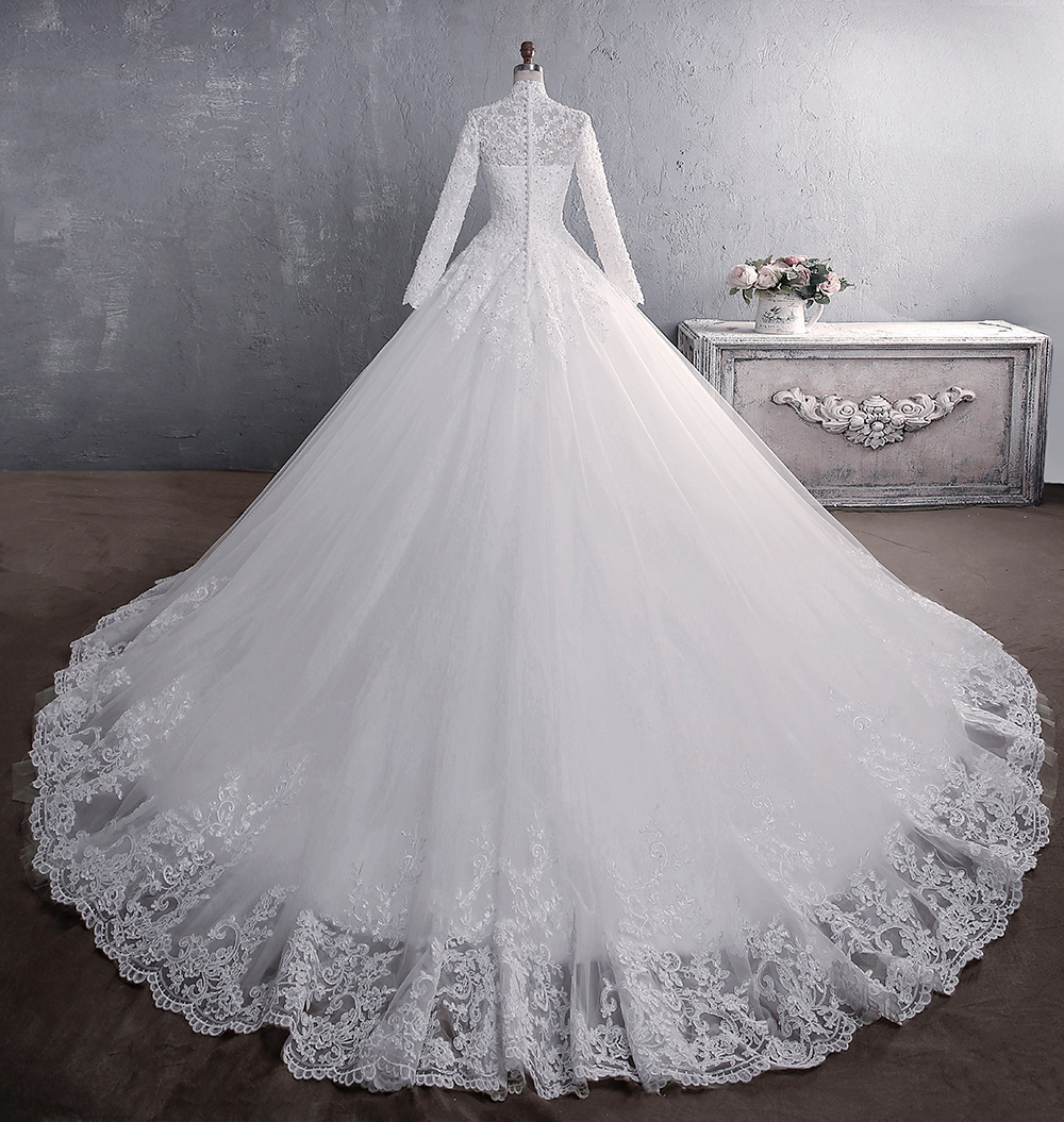 Vestido de novia estilo europeo y americano de Amazon, encaje, modelo nuevo 2026, cuello alto, manga larga, cola grande, talla grande.