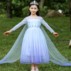 Ice and Fire 2 Spring New Elsa Princess Dress White Long Dress with Veil Birthday Piano Performance Costume