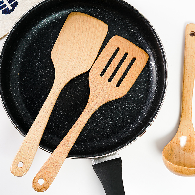 Utensilios de cocina de madera de haya, sartén antiadherente para el hogar, salteado especial, espátula frita de mango largo, cuchara de sopa, cuchara de cocina, juego de pala, pedido al por mayor
