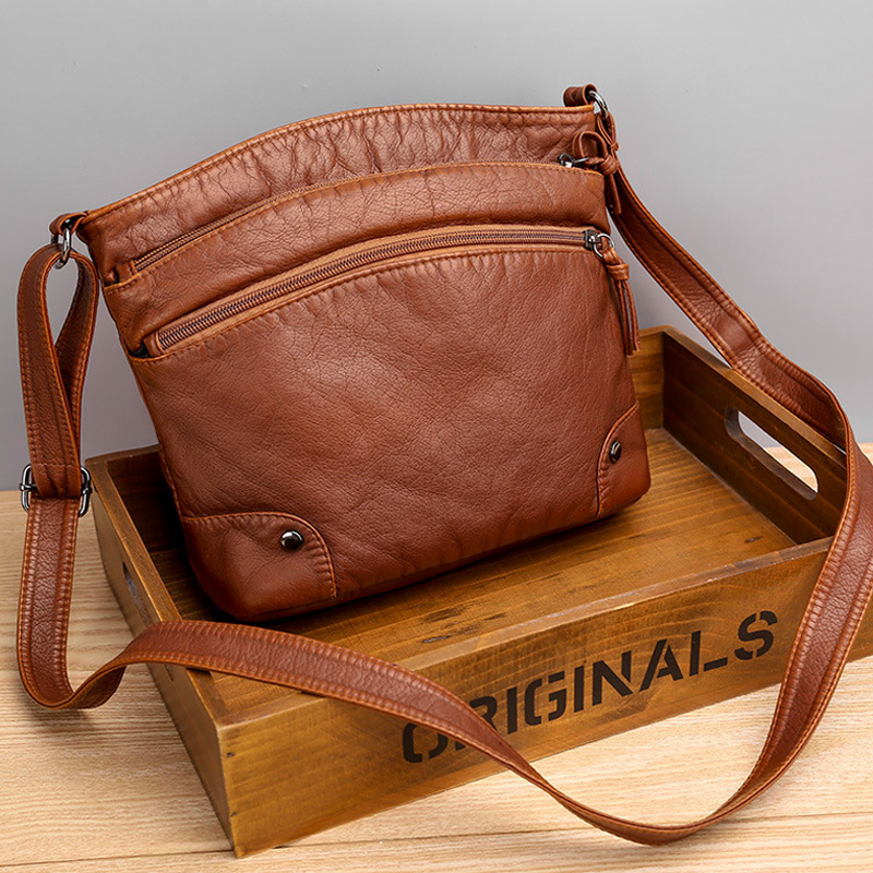 Soft Leather Women's Bag New Korean Style Shoulder Bag Retro Small Bag Washed Leather Pu Casual Fashion Multi-Layer Crossbody Bag Trendy Soft Leather Women's Bag New Korean Style Shoulder Bag Retro Small Bag Washed Leather Pu Casual Fashion Multi-Layer Crossbody Bag Trendy