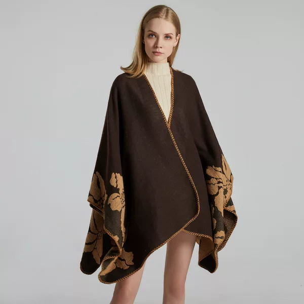 New European and American Fashion Thickened Large Shawl Women's Vintage Large Flower Double-Sided Cashmere Multi-Function Cloak