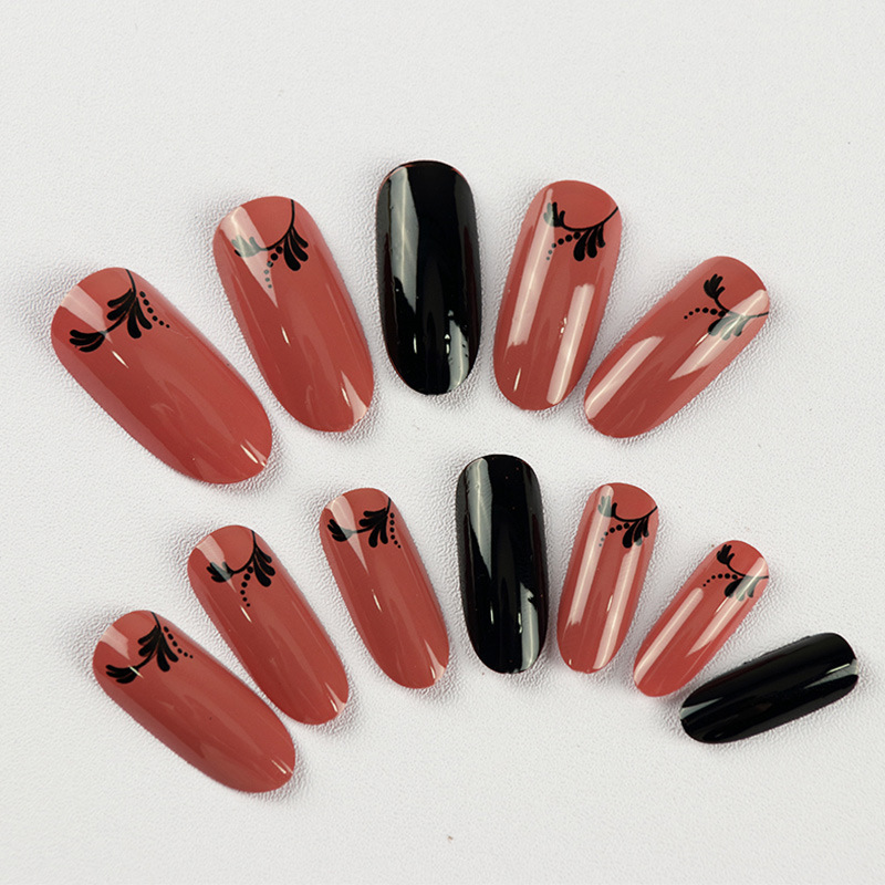 Elegant Flower Design Women's Manicure Patches Brown and Red Color Matching Fashionable Fake Nails Long Manicure Patches Wearable Nails