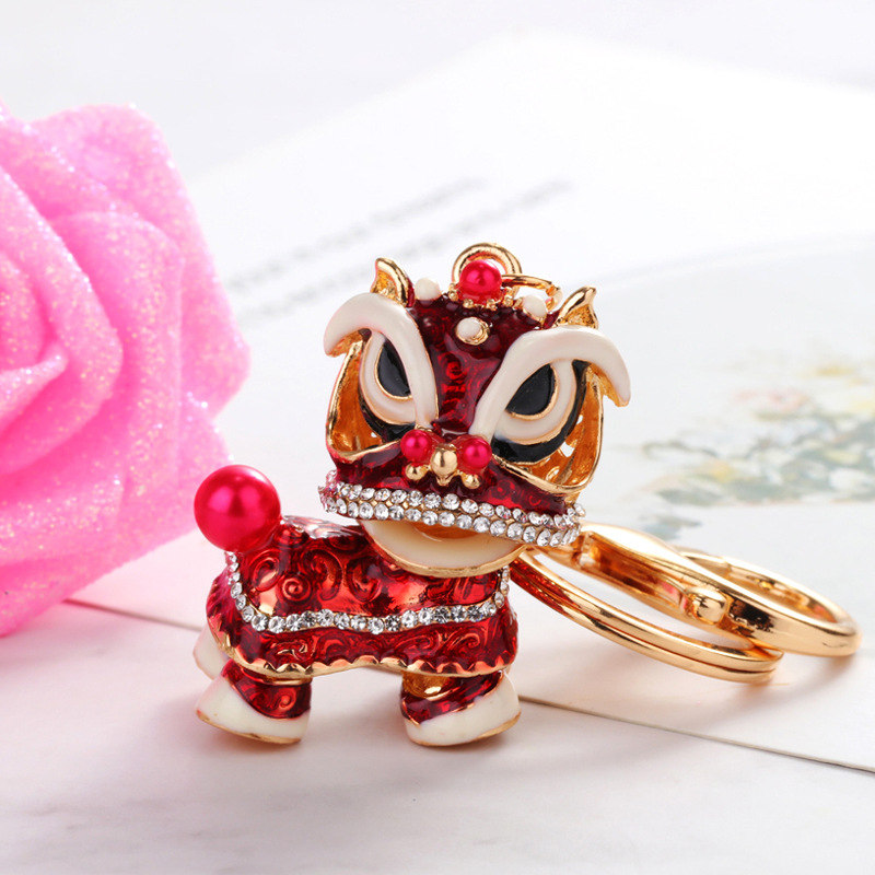 Chinese Style Rhinestone Lion Dance Car Keychain Women's Creative Cute Bag Pendant Metal National Tide Key Chain Jewelry
