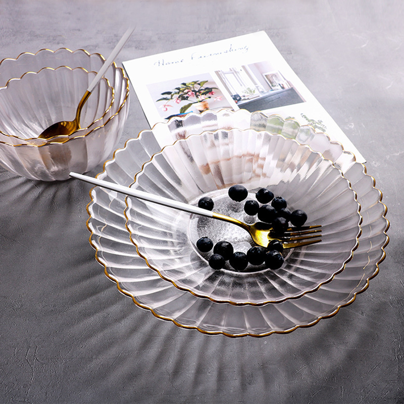 Golden edge household glass plate Bowl suit fruit plate dessert plate simple flower petal shape striped tableware smoky gray