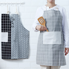 厨房棉麻围裙 防油加厚围腰 做饭护衣 韩版时尚简约成人格子罩衣