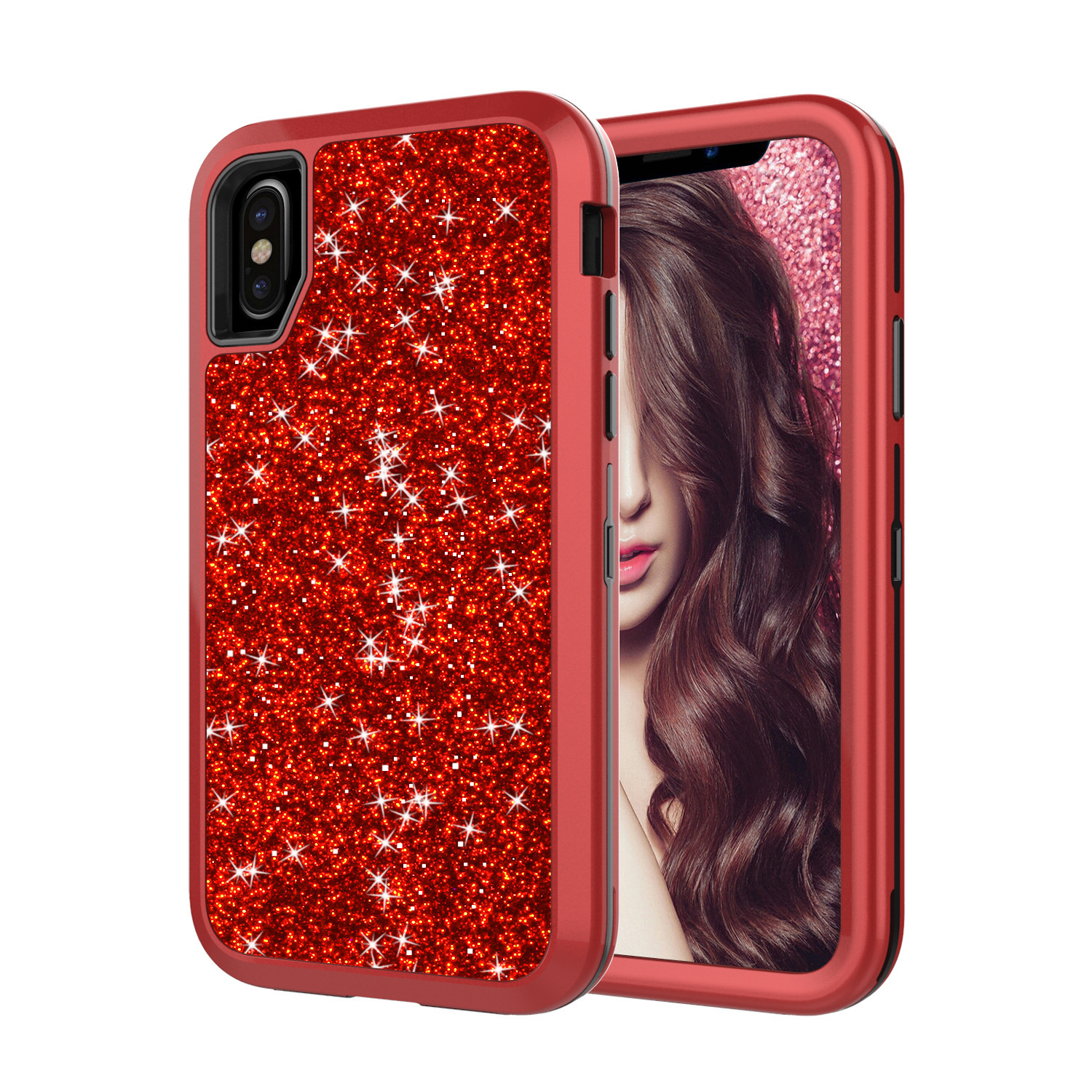 适用闪粉iPhoneXS三合一硅胶PC防震 手机壳苹果XR全包皮套保护壳