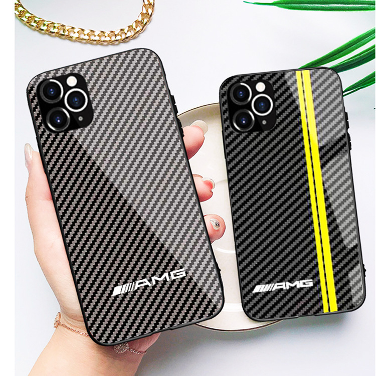 Suitable for Apple 13 Mobile Phone Case 12Pro Car Logo Carbon Fiber Glass 11Promax Protective Case Anti-Fall Ins Style