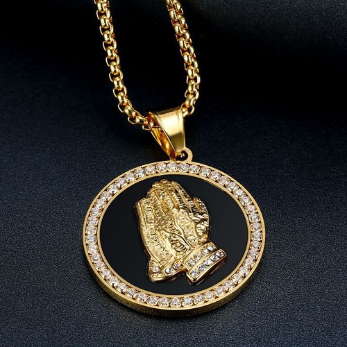 European and American Cross-border New Arrival Hip-Hop Hiphop Jewelry Titanium Steel Gold-Plated Micro-Inlaid Zircon Prayer Buddha Hand Pendant Necklace