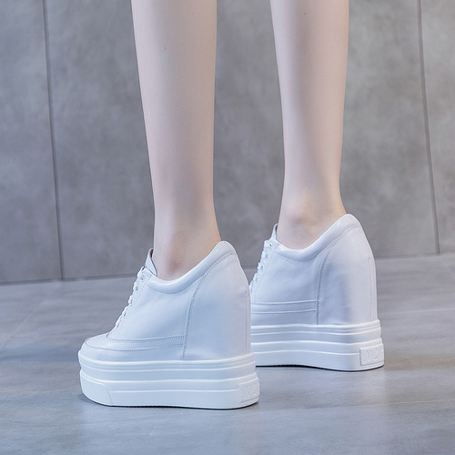 2024 spring and autumn shoes breathable inner height increasing women's shoes 11cm hollow small leather shoes thick sole casual shoes small black shoes for women