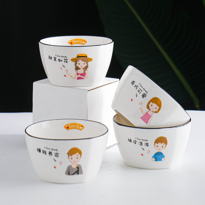 Creative cartoon family cute fresh simple personality new parent-child bowl ceramic tableware 4 people suit