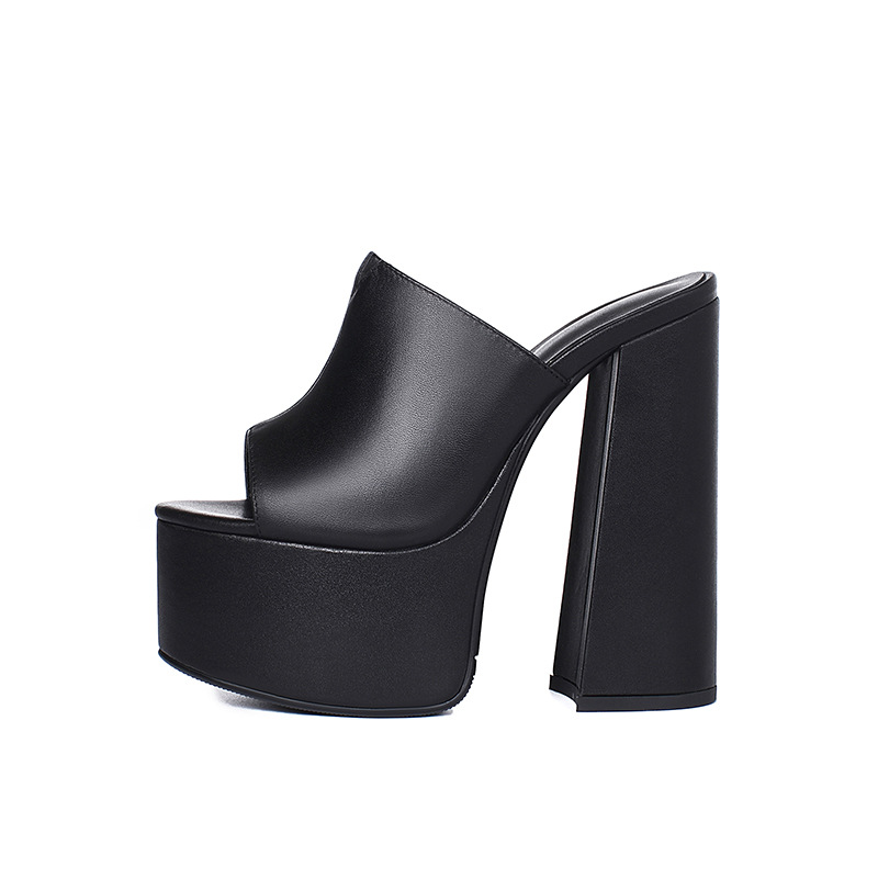 Sandal cao gót nữ hở mũi đế platform da bò mềm gót siêu cao — Màu đen