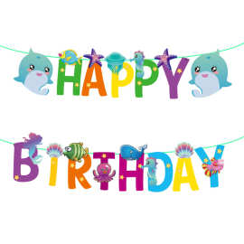 海底动物生日派对布置拉旗 鲨鱼happy birthday生日彩旗横幅批发