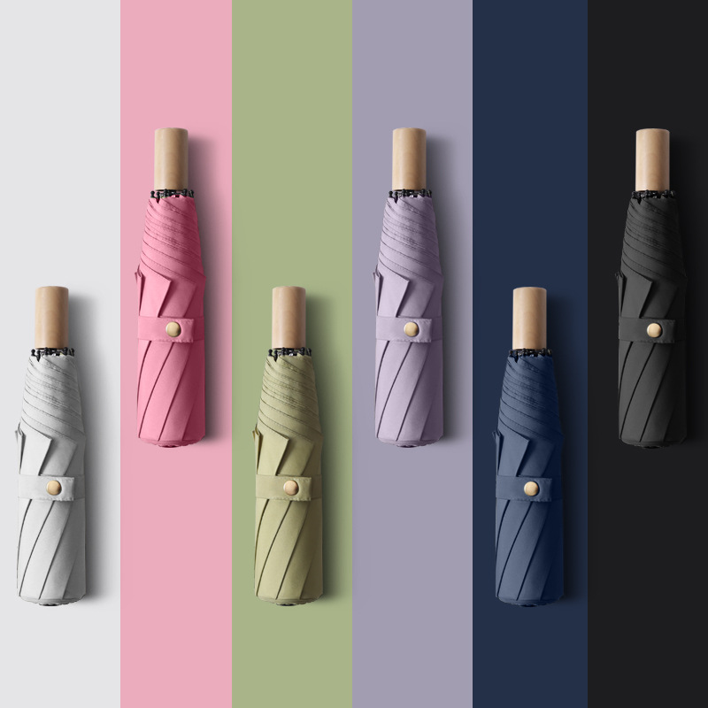 simple plain windproof solid wood handle retro men and women tri-fold umbrella fresh wholesale logo umbrella advertising umbrella