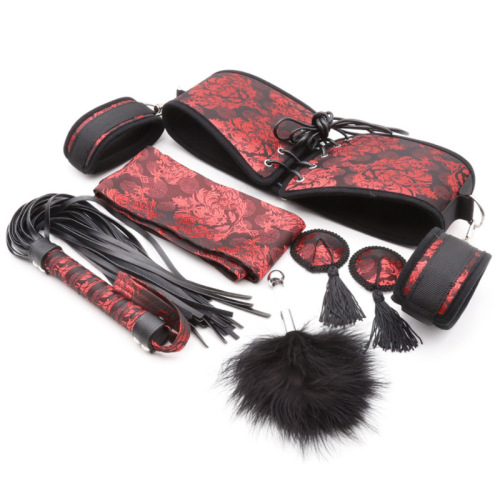 Sexy handcuffs, retro palace fabric, Chinese style cloth, shackles, mouth gag, ball gag, SM eye mask, traction collar set