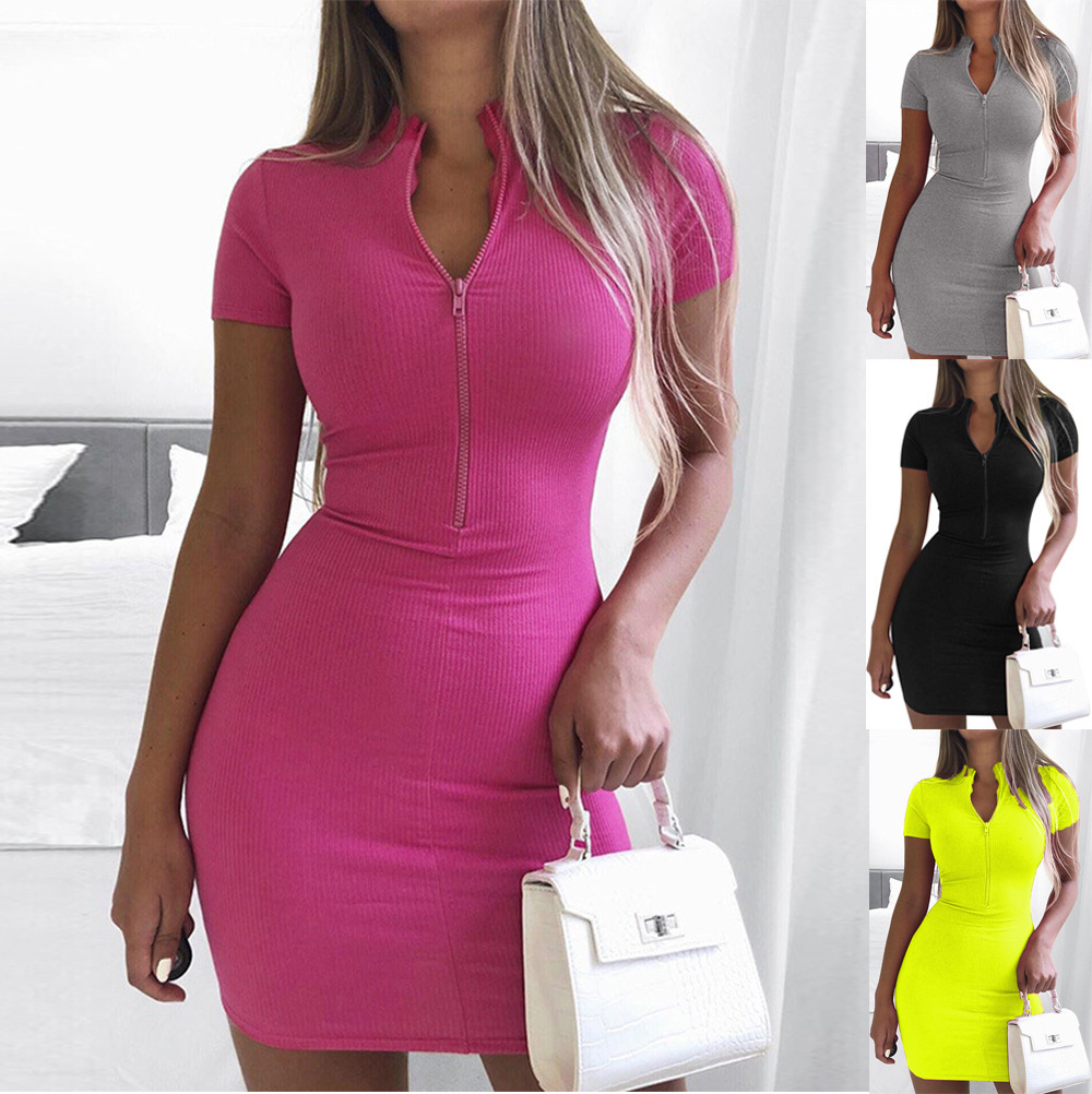 亚马逊eBay wish新款高领短袖包臀裙2020 跨境女装货源拉链连衣裙
