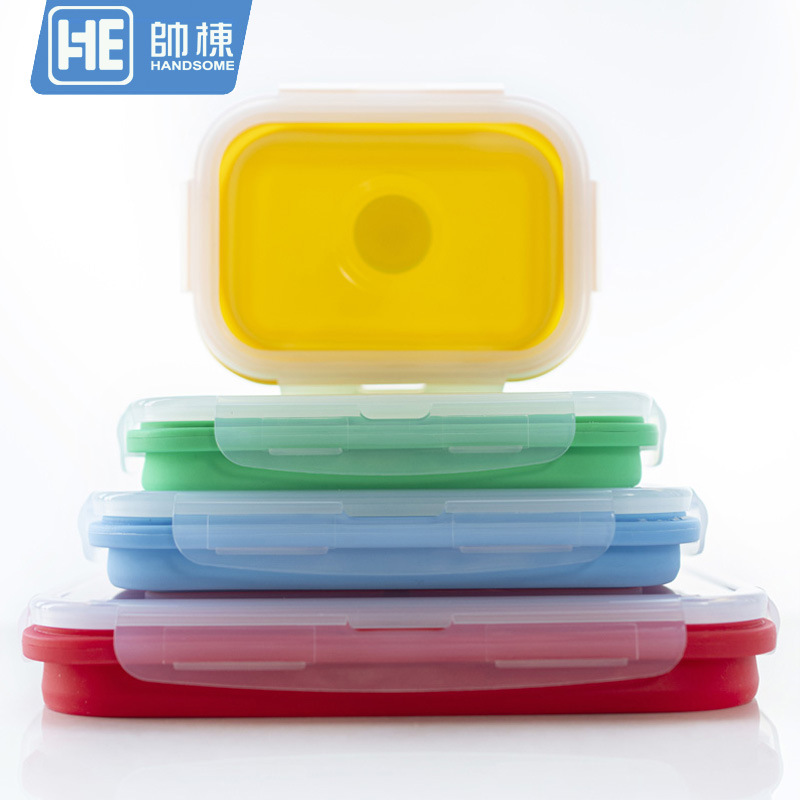 Amazon caja de almuerzo de silicona caliente crisper silicona plegable de cuatro piezas caja de almuerzo de viaje al aire libre en stock al por mayor