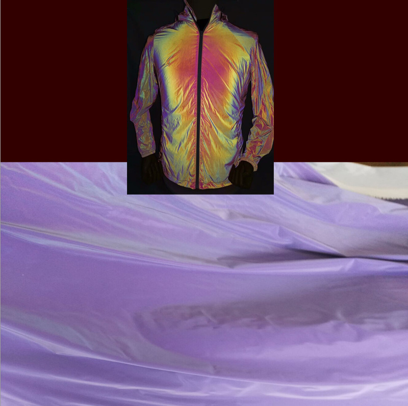 工厂供应紫色超柔耐水洗七彩幻彩反光布户外骑行风衣夹克反光面料