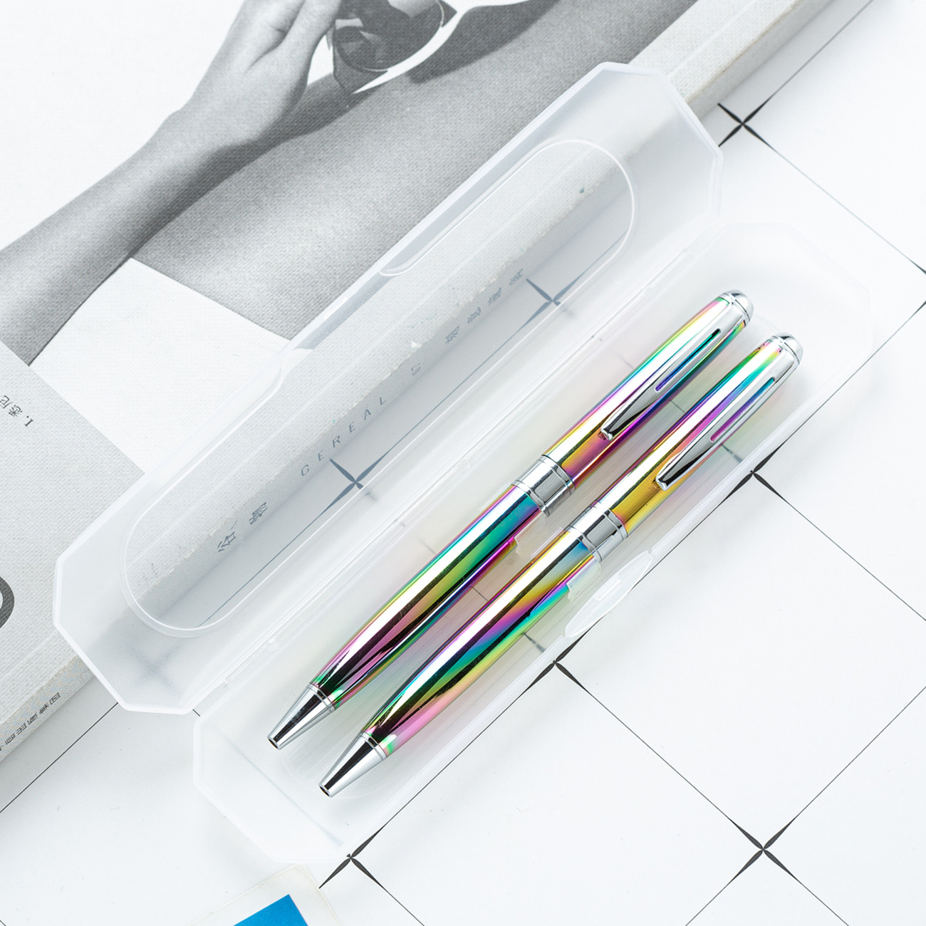 Acrílico de plástico transparente de cristal caja de la pluma de diamante caja de embalaje de plástico caja de la pluma de regalo en stock logotipo imprimible