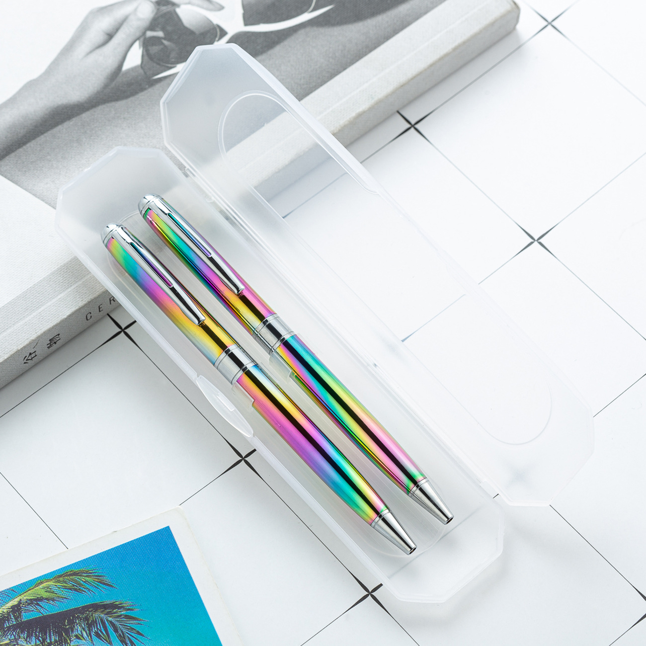 Acrílico de plástico transparente de cristal caja de la pluma de diamante caja de embalaje de plástico caja de la pluma de regalo en stock logotipo imprimible