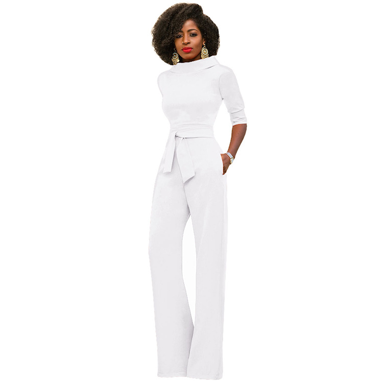 AliExpress Amazon otoño nueva moda ropa de mujer europea y americana de color sólido solapa de cinco cuartos de manga de cintura alta de pierna ancha mono image 8