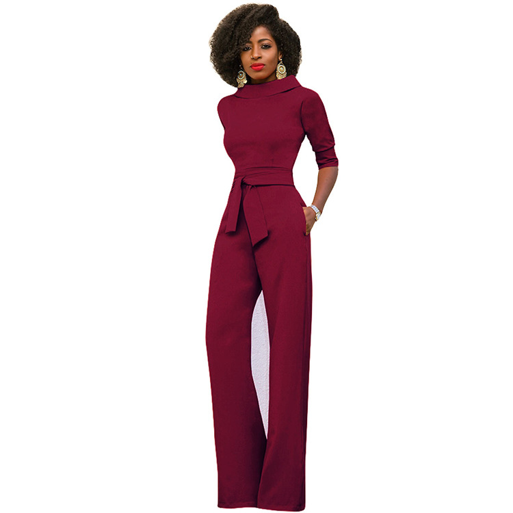 AliExpress Amazon otoño nueva moda ropa de mujer europea y americana de color sólido solapa de cinco cuartos de manga de cintura alta de pierna ancha mono image 13