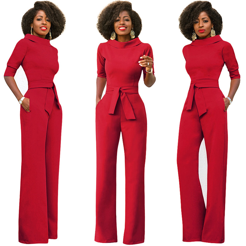 AliExpress Amazon otoño nueva moda ropa de mujer europea y americana de color sólido solapa de cinco cuartos de manga de cintura alta de pierna ancha mono image 5