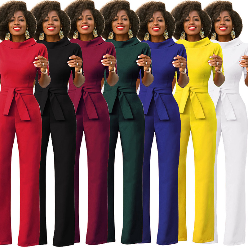 AliExpress Amazon otoño nueva moda ropa de mujer europea y americana de color sólido solapa de cinco cuartos de manga de cintura alta de pierna ancha mono image 4