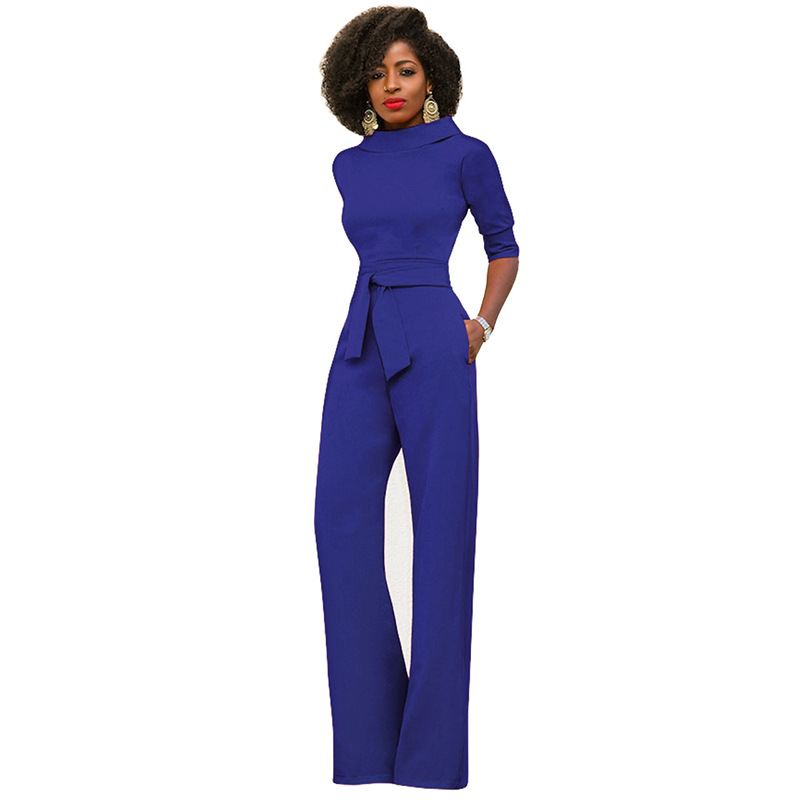 AliExpress Amazon otoño nueva moda ropa de mujer europea y americana de color sólido solapa de cinco cuartos de manga de cintura alta de pierna ancha mono image 6