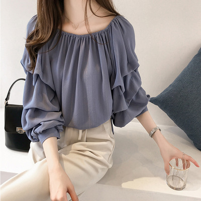 Spring and Autumn New Korean Style Open Shoulder Loose Layer-by-Layer Chiffon Shirt Elegant Long Sleeve Top Shirt for Women