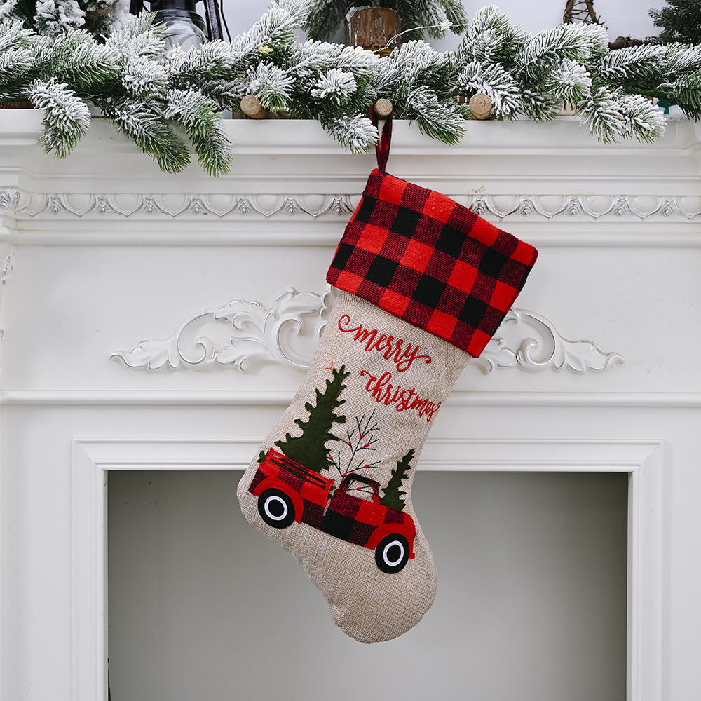 Christmas decorations red black plaid car Christmas tree Christmas stocking gift bag candy socks gift bag_voghion.com